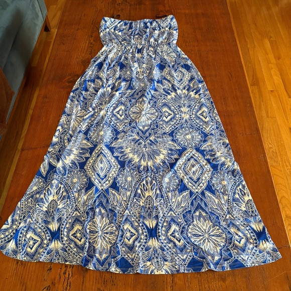 Felicity & Coco Strapless Faux Wrap Dress Blue and White Print Size Medium P - Picture 7 of 13